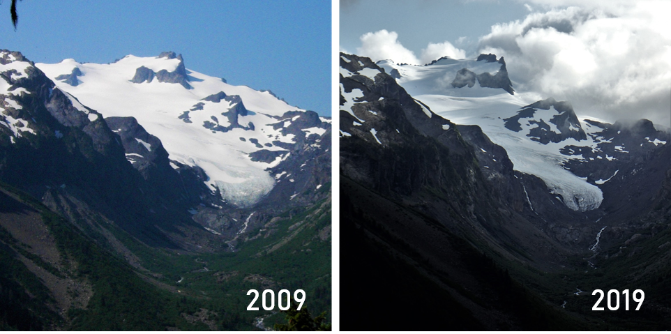 Two glacier images showing loss of ice