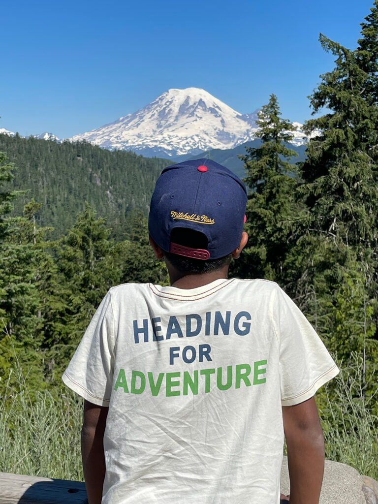 Eli looks out at Mount Rainier