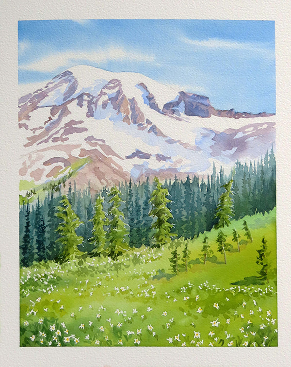 Paradise Nisqually Vista and Avalanche Lilies watercolor by Molly Hashimoto
