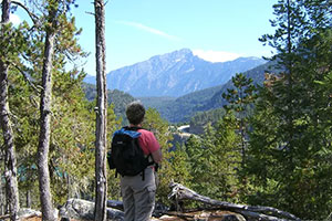 A hiker looks out over mountains