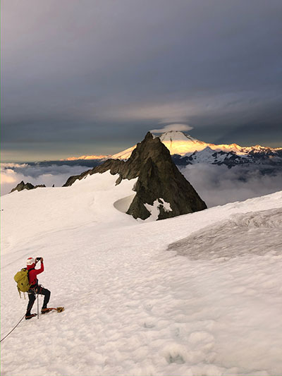 Taking a quick photo on a climb of Mount Shuksan