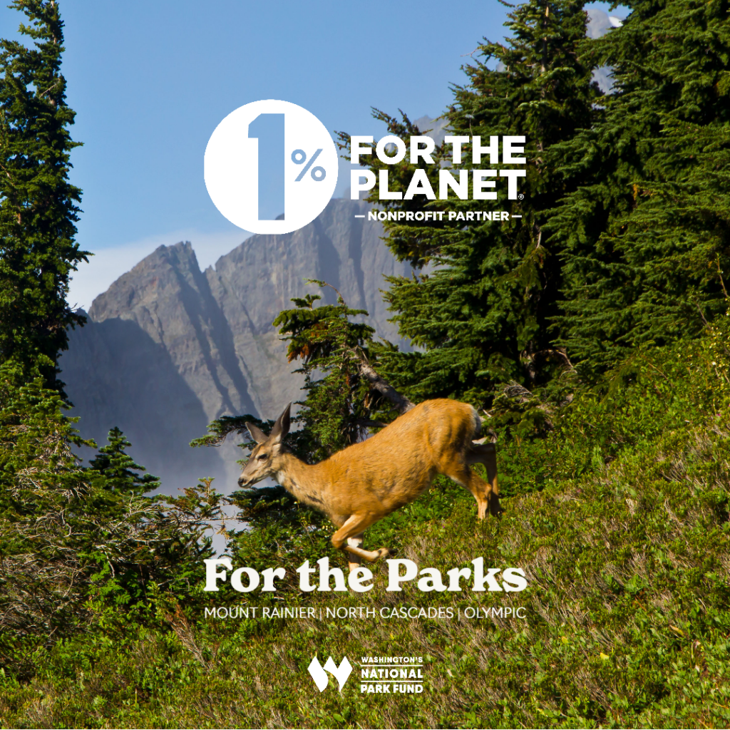 Image of a deer in a meadow with large text reading 1% for the Planet, For The Parks