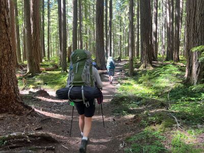 A backpacker with a green bag walking on a shaded trail surrounded by trees.