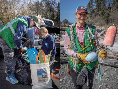 Left image is a father and son sorting through trash. Right image is a woman holding a buoy and rope.