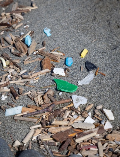 Image small micro plastics the size of wood chips in the sand.