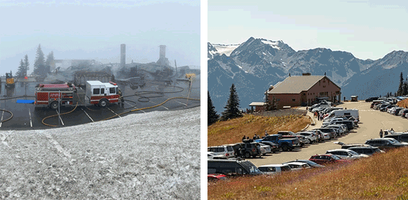 Two photos showing the Day Lodge before and after the fire took place