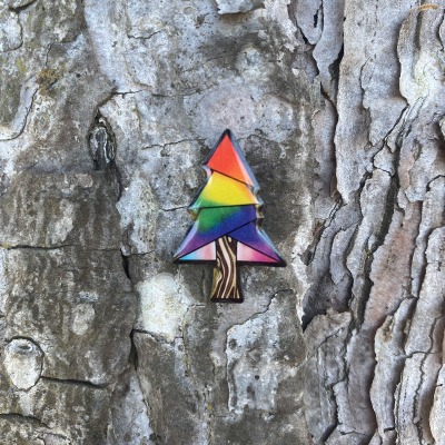 An enamel pin placed on a tree. The pin has colors derived from the rainbow to represent different identities. 