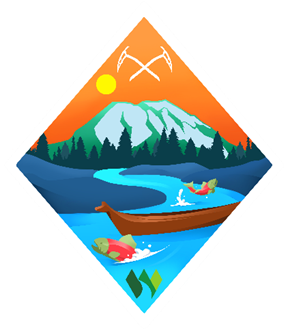 A diamond logo with crossed ice axes, Mount Rainier in the background, and a river with a canoe and salmon.