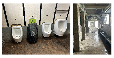 photo on the left shows 4 urinals, with the second one covered in a trash bag. photo on the right shows the concrete corridore of the restrooms.
