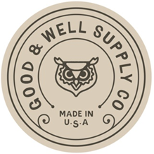 A circular logo with an owl head in the middle with words reading "Good & Well Supply Co Made in USA"