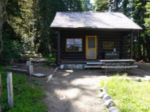 A cabin in the woods with a yellow front door.