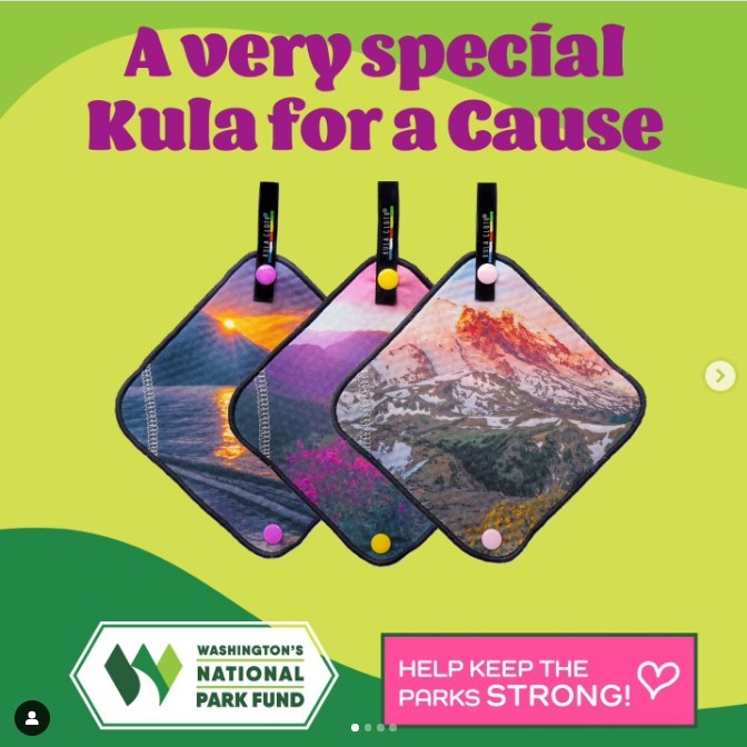 A green graphic with three square pee cloths that read "A Very Special Kula for a Cause"