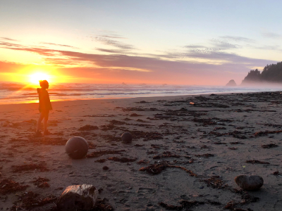 A person standing on the beach looking at sunset. 