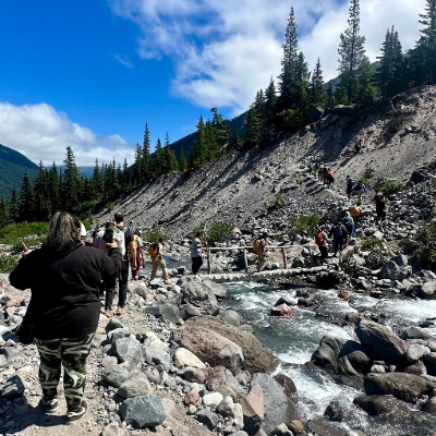 a line of hikers crossing a footbridge about a rocky river on a sunny day.