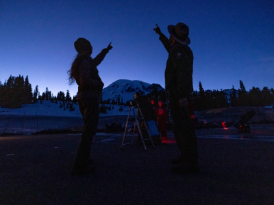 Two people standing in the dark pointing at the night sky with Mount Rainier in the back.